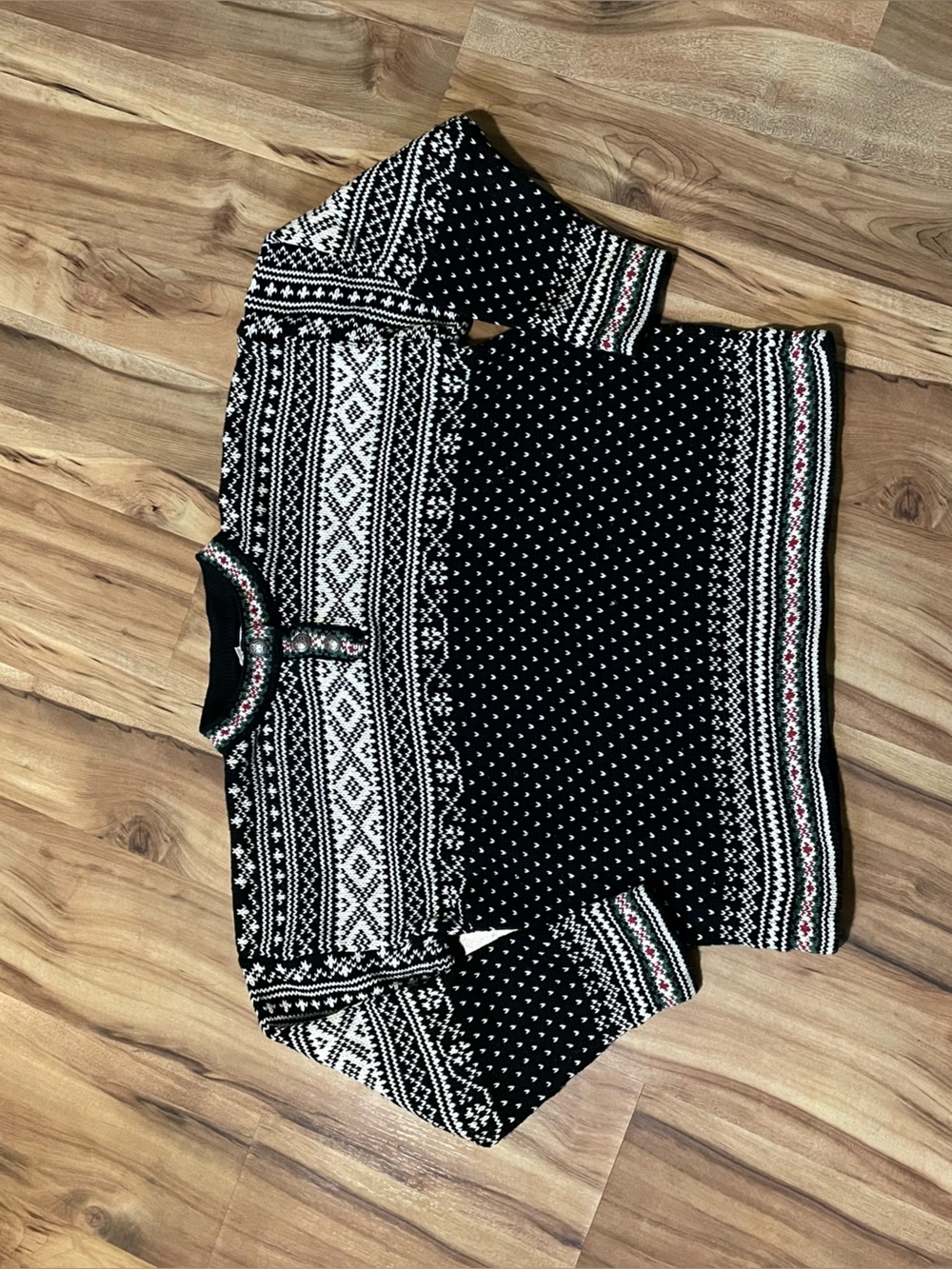 Vintage 90s LL Bean Scandinavian Cotton Henley Sweater Black White Nordic LG